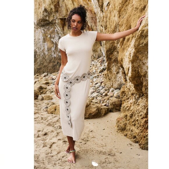 Free People Beach White Ivory Midi T-Shirt Dress Knit Boho Made in USA Large - Picture 1 of 10